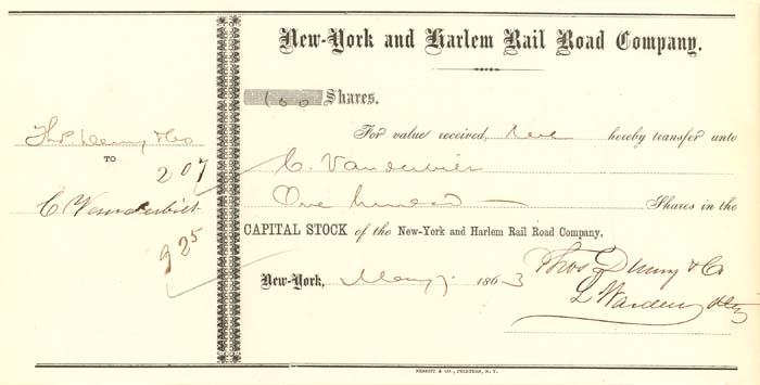 New York and Harlem Rail Road Company issued to C. Vanderbilt - Stock Certificate